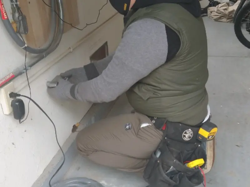 Electrician performing outlet wiring in a Loveland garage